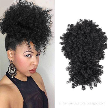 Hot Black Afro Puff Hair Pieces For Women Short Kinky Curly Chignon With Bangs Drawstring Ponytail Synthetic Hair Bun Extensions